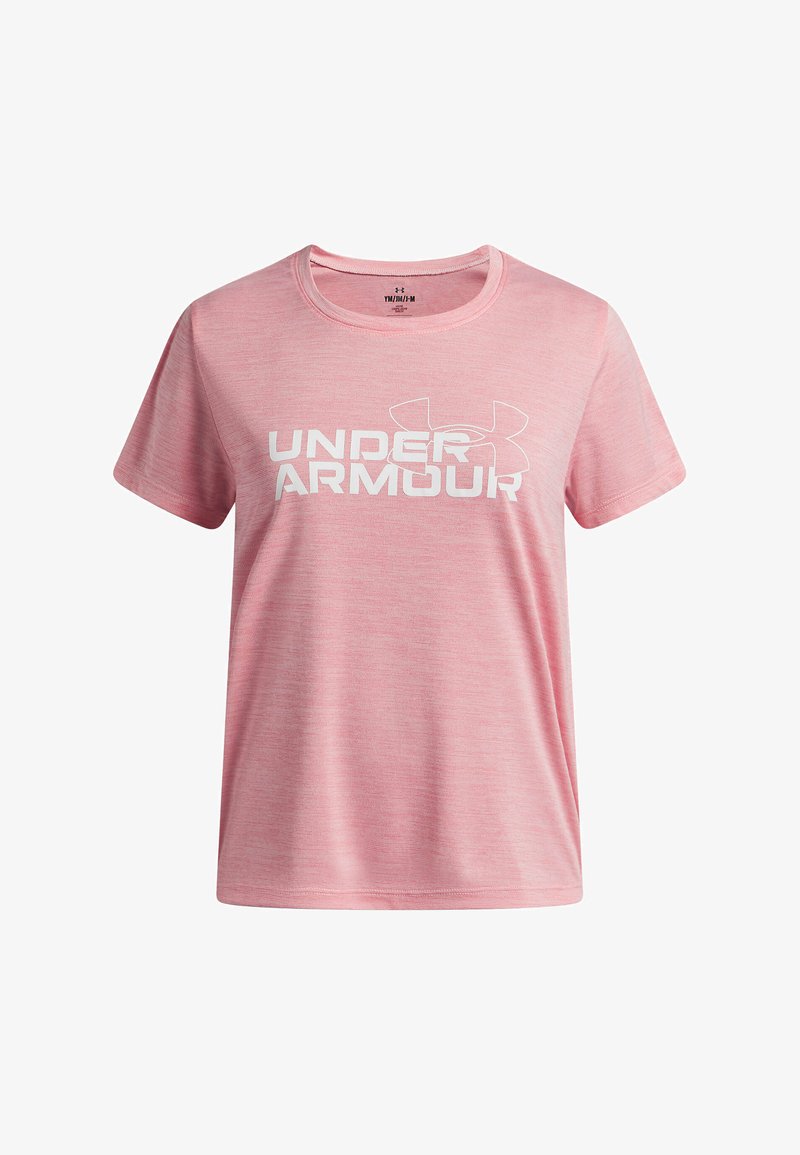 T-shirt rose à manches courtes en tissu léger, avec un logo blanc "UNDER ARMOUR" sur le devant et un col rond.