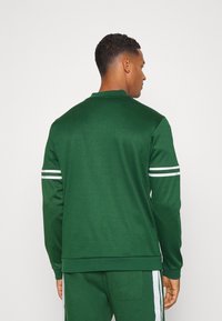 Grüner Pullover mit Rundhalsausschnitt, aus glattem Stoff. Mit weißen Streifen an den Ärmeln, gerippten Bündchen und einer lässigen Passform.