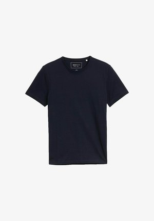 T-shirt en coton bleu marine à col rond et manches courtes. Présente un design simple sans motifs ni accents.