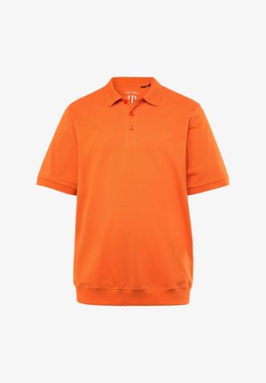 Pomarańczowa koszulka polo z krótkim rękawem, wykonana z miękkiego materiału. Posiada trzy guziki z przodu i haftowane logo na piersi.