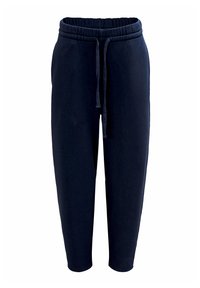 Donkerblauwe sweatpants van zachte stof, voorzien van een elastische tailleband met trekkoord, taps toelopende pijpen en geribbelde boorden bij de enkels.