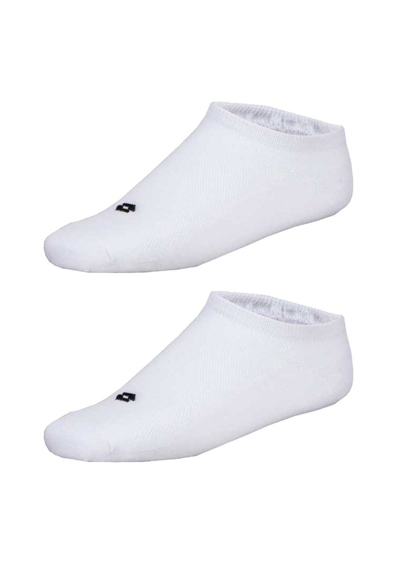 Calzini bianchi alla caviglia con un design senza cuciture, texture morbida e un piccolo logo nero vicino all'area delle dita. Ideali per calzature a profilo basso.