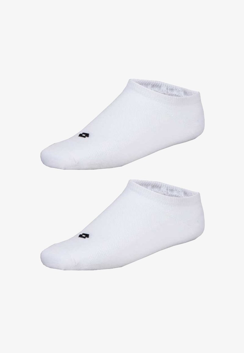 Calzini bianchi alla caviglia con un design senza cuciture, texture morbida e un piccolo logo nero vicino all'area delle dita. Ideali per calzature a profilo basso.