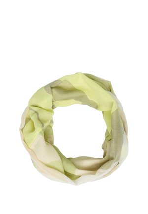 Écharpe bouclée en tissu doux vert clair et beige avec un motif abstrait subtil, disposée en forme circulaire sur un fond blanc.