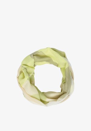 Light green and beige soft fabric loop scarf with subtle abstract pattern, arranged in a circular shape on white background.