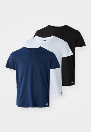 Three cotton t-shirts in navy blue, white, and black. Crew neck design with short sleeves, featuring a small brand label at the hem.