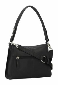 Zwarte leren handtas met een enkele schouderband en een afneembare crossbodyband. Bevat zilverkleurige hardware en een voorvak met rits.