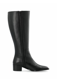 Bota de cuero negro hasta la rodilla con puntera afilada, tacón cuadrado y detalle de cremallera lateral, con una textura suave y costuras mínimas.
