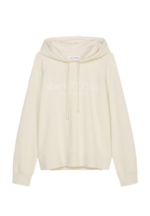 Sweat à capuche couleur crème avec manches longues, cordons et texte subtil "Marc O'Polo" imprimé au centre devant.