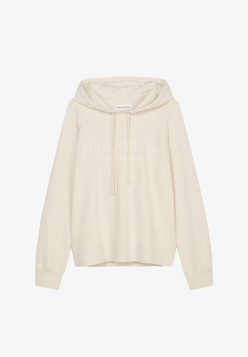 Sweat à capuche couleur crème avec manches longues, cordons et texte subtil "Marc O'Polo" imprimé au centre devant.