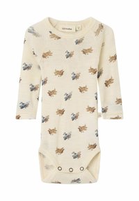 Krämfärgad långärmad babybodysuit med tryck av blå och bruna vintageflygplan samt tryckknappar vid grenen.