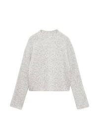 Ljusgrå, ribbad, långärmad tröja med rund halsringning och kort passform. Mjuk textur och enkelt mönster utan utsmyckningar.