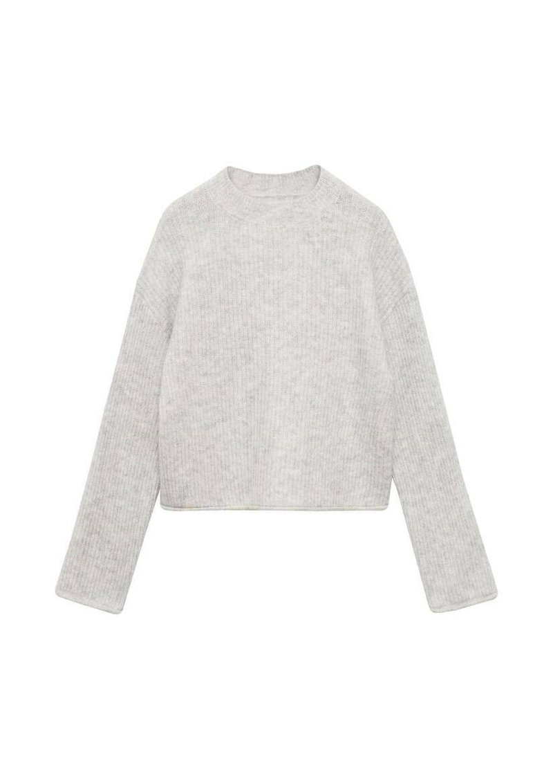 Ljusgrå, ribbad, långärmad tröja med rund halsringning och kort passform. Mjuk textur och enkelt mönster utan utsmyckningar.