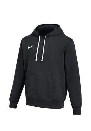 Black Nike hoodie with white drawstrings, front kangaroo pocket, and white Nike swoosh logo on the chest, displayed against a white background.