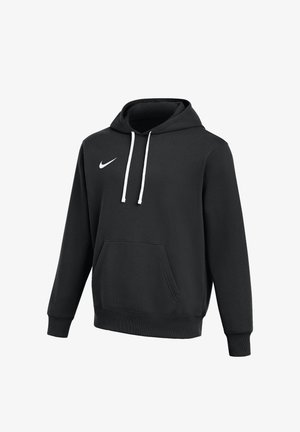 Black Nike hoodie with white drawstrings, front kangaroo pocket, and white Nike swoosh logo on the chest, displayed against a white background.