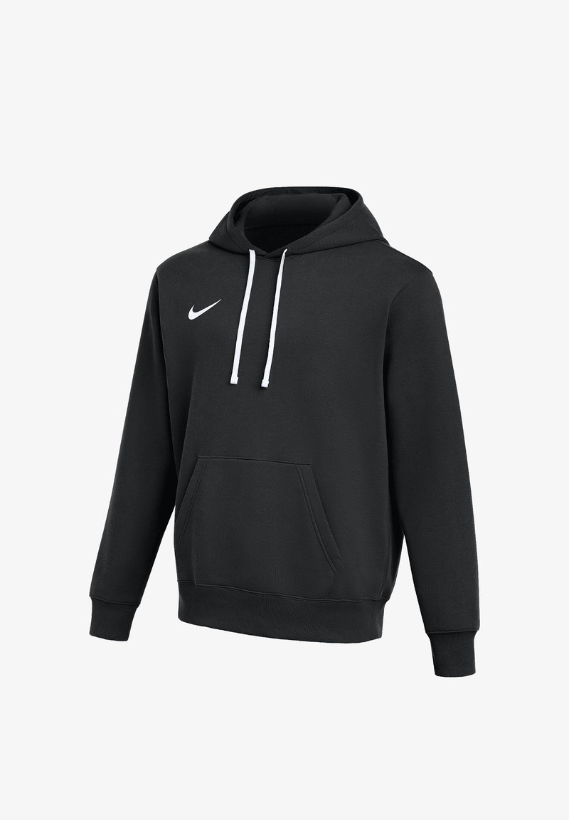 Zwarte Nike hoodie met witte trekkoorden, voorzak in kangoeroestijl en wit Nike-swooshlogo op de borst, afgebeeld tegen een witte achtergrond.