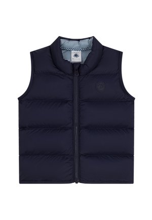 Smanicato imbottito blu navy con collo alto, chiusura a zip e pannelli trapuntati. Fodera interna con motivo a righe. Logo ricamato sul davanti.