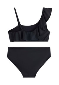 Mustat bikinit, joissa on yksi olkahihna, röyhelöyksityiskohta ja säädettävä hihna; korkeavyötäröinen alaosa, jossa on sileä pinta.