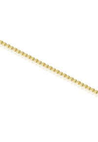 Cadena de cuentas de oro, con pequeñas cuentas redondas reflectantes de superficie suave, espaciadas uniformemente, creando un diseño delicado.