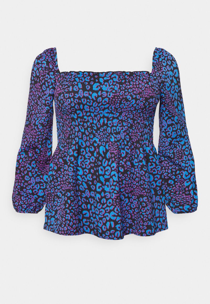 Top com estampado de leopardo apresentando um decote quadrado, mangas longas bufantes e uma bainha evasê. As cores incluem preto, roxo e turquesa.