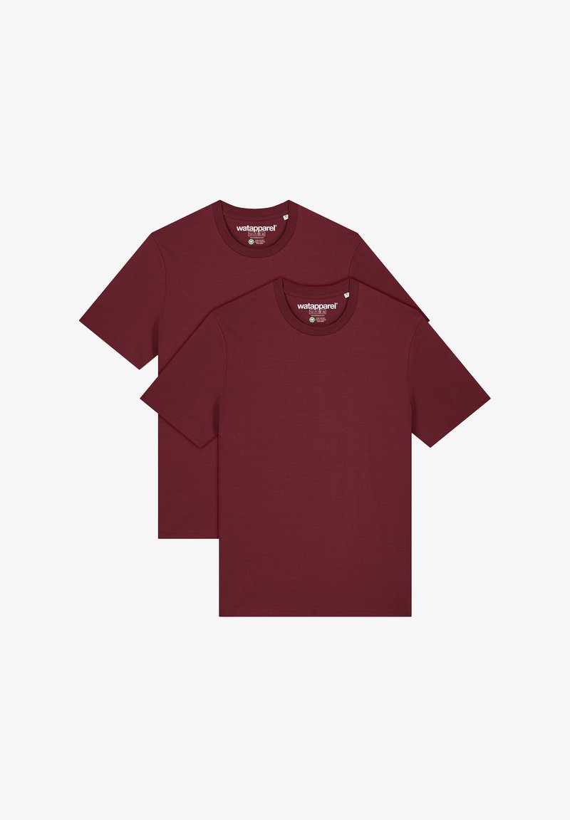 Two short-sleeve t-shirts in rich burgundy. Round neck, soft cotton material, smooth texture, and simple design with no patterns or accents.