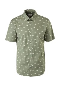 Chemise à manches courtes vert olive boutonnée avec un motif de palmiers blancs et un col pointu.