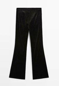 Pantalon en velours noir taille haute, coupe jambe large, sans poches ni fermetures visibles, présenté sur un fond blanc.