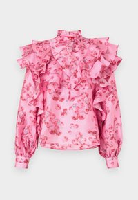 Blusa rosa con accenti di pizzo, motivo floreale nei toni del rosso, colletto alto e maniche lunghe con polsini arricciati. Tessuto lucido.