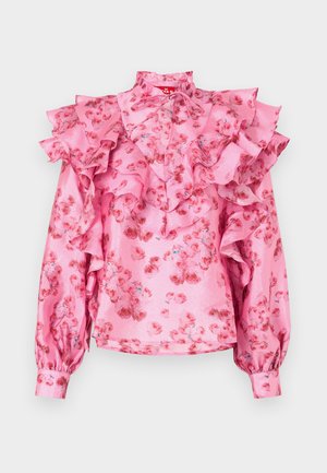 Pink blouse with ruffled accents, floral pattern in shades of red, high collar, and long sleeves with gathered cuffs. Silky texture.