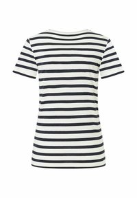 Striped short-sleeve T-shirt with navy and white horizontal stripes, round neckline, and a soft cotton texture. Rear view shown.