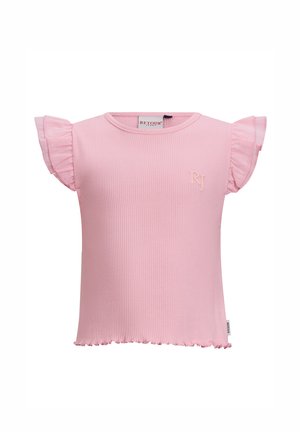 T-shirt a righe rosa chiaro con maniche a farfalla, scollatura rotonda e orlo leggermente scalloppato. Presenta il logo ricamato "RJ" sul petto.