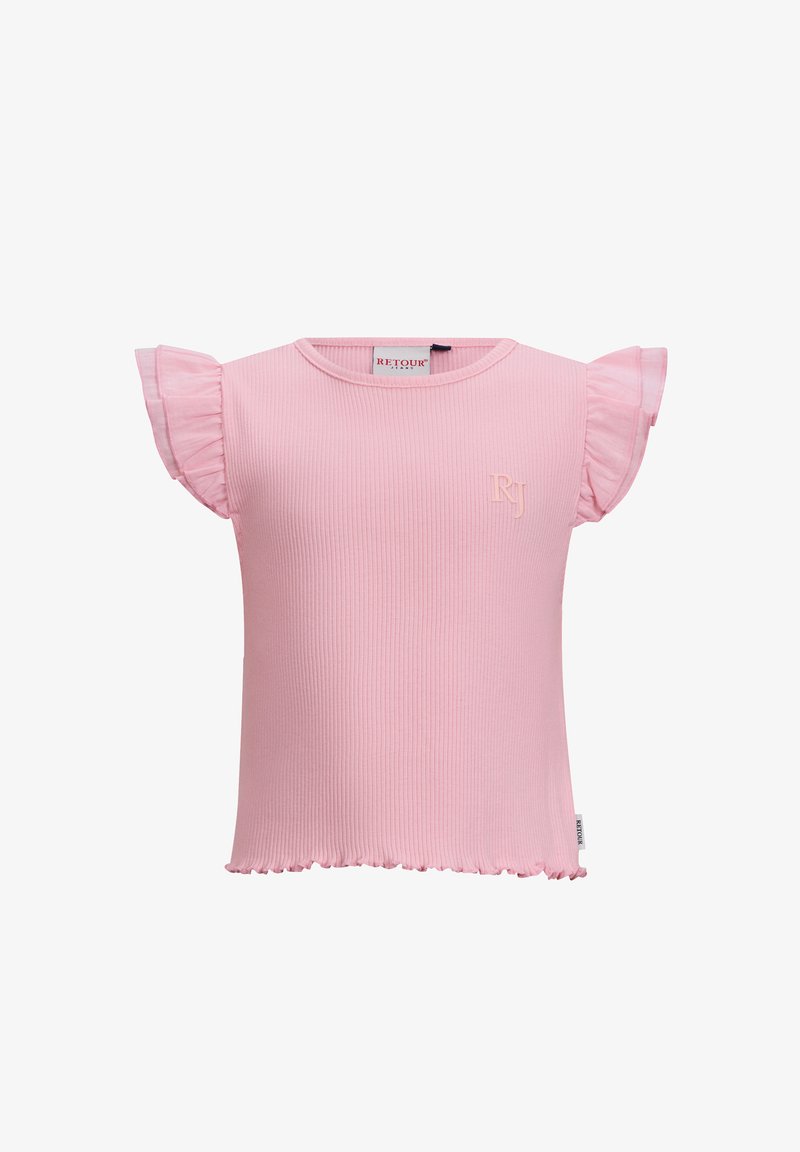 Jasnoróżowa koszulka z prążkowanego materiału, z falbankowymi rękawami, okrągłym dekoltem i subtelnym falbaniastym dołem. Posiada haftowane logo "RJ" na piersi.