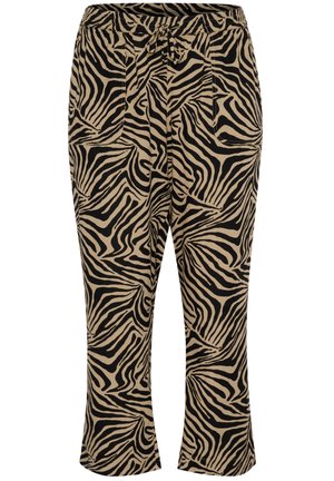 Pantaloni cu imprimeu zebra în culorile negru și bej, cu o croială confortabilă, talie elastică și două buzunare laterale. Țesătura are un aspect moale și texturat.