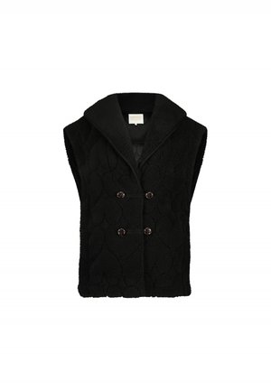 Zwarte mouwloze vest gemaakt van gestructureerd fleece, met een schalkraag en dubbele knoopsluiting met ronde bruine accenten.