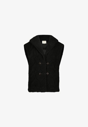 Schwarze ärmellose Weste aus strukturiertem Fleece, mit Schalkragen und doppelter Knopfverschluss mit runden braunen Akzenten.