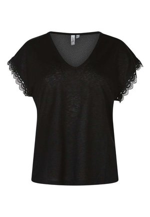 Haut noir à manches courtes pour femme avec col en V et bordure en dentelle sur les manches, fabriqué dans un tissu léger et légèrement transparent.