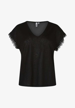 Haut noir à manches courtes pour femme avec col en V et bordure en dentelle sur les manches, fabriqué dans un tissu léger et légèrement transparent.