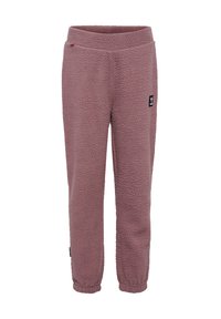 Fleece broek in mauve met een textuur en een fuzzy afwerking. Bevat een elastische tailleband en een klein logo patch aan de voorkant aan de linkerkant.