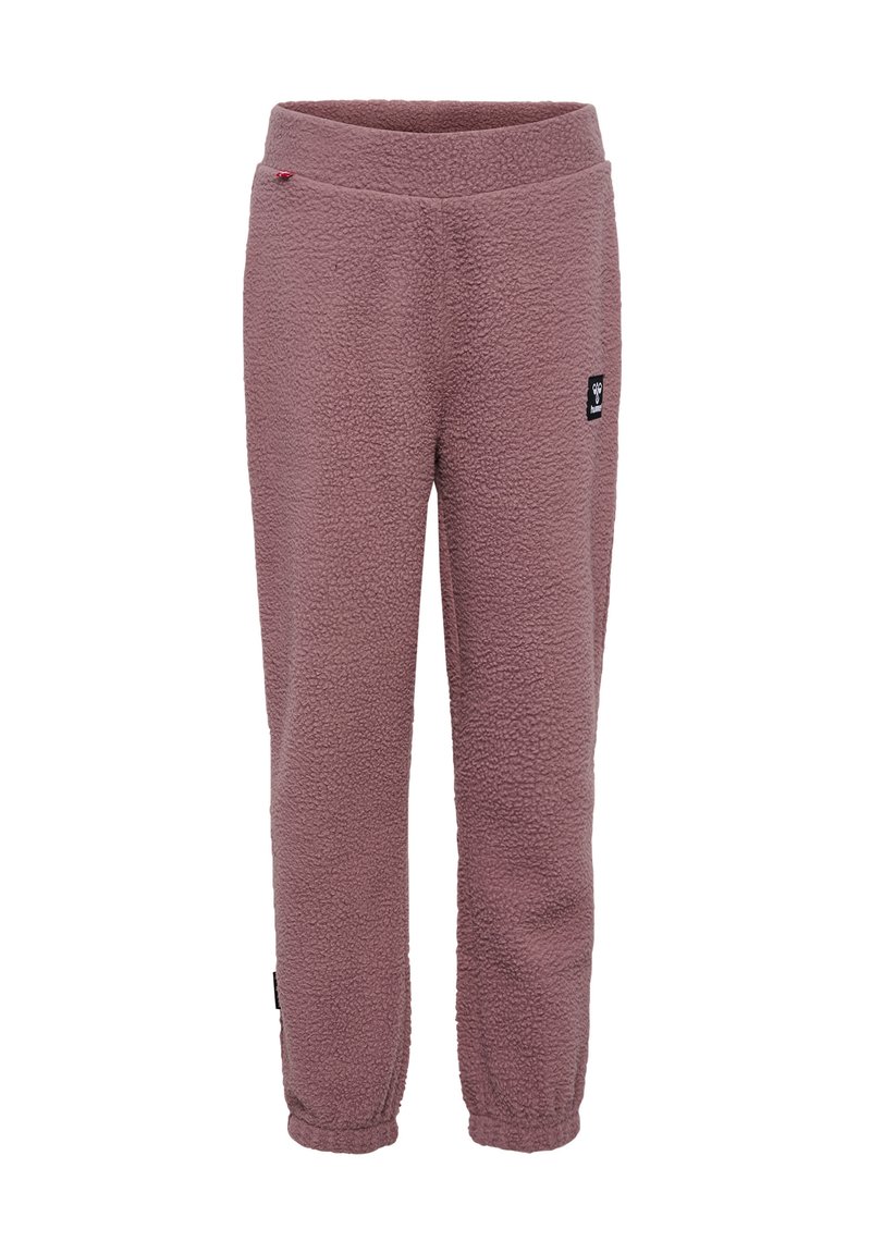 Fleece broek in mauve met een textuur en een fuzzy afwerking. Bevat een elastische tailleband en een klein logo patch aan de voorkant aan de linkerkant.
