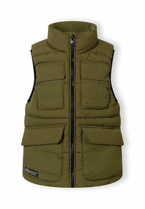 Oliwkowa pikowana kamizelka bez rękawów z wysokim kołnierzem, zamkiem z przodu i czterema kieszeniami z klapkami, dwie na klatce piersiowej i dwie przy talii