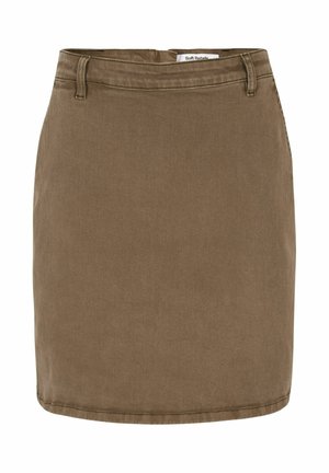 Rudos spalvos džinsinė sijonas su tiesia linija, diržo kilpomis ir siuvinėta apačia. Lygios tekstūros ir minimalistinio dizaino, be matomų raštų ar akcentų.