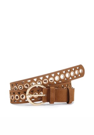 Brown suede belt with gold circular buckle, featuring alternating round and triangular metal eyelets along its length.