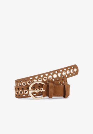 Brown suede belt with gold circular buckle, featuring alternating round and triangular metal eyelets along its length.
