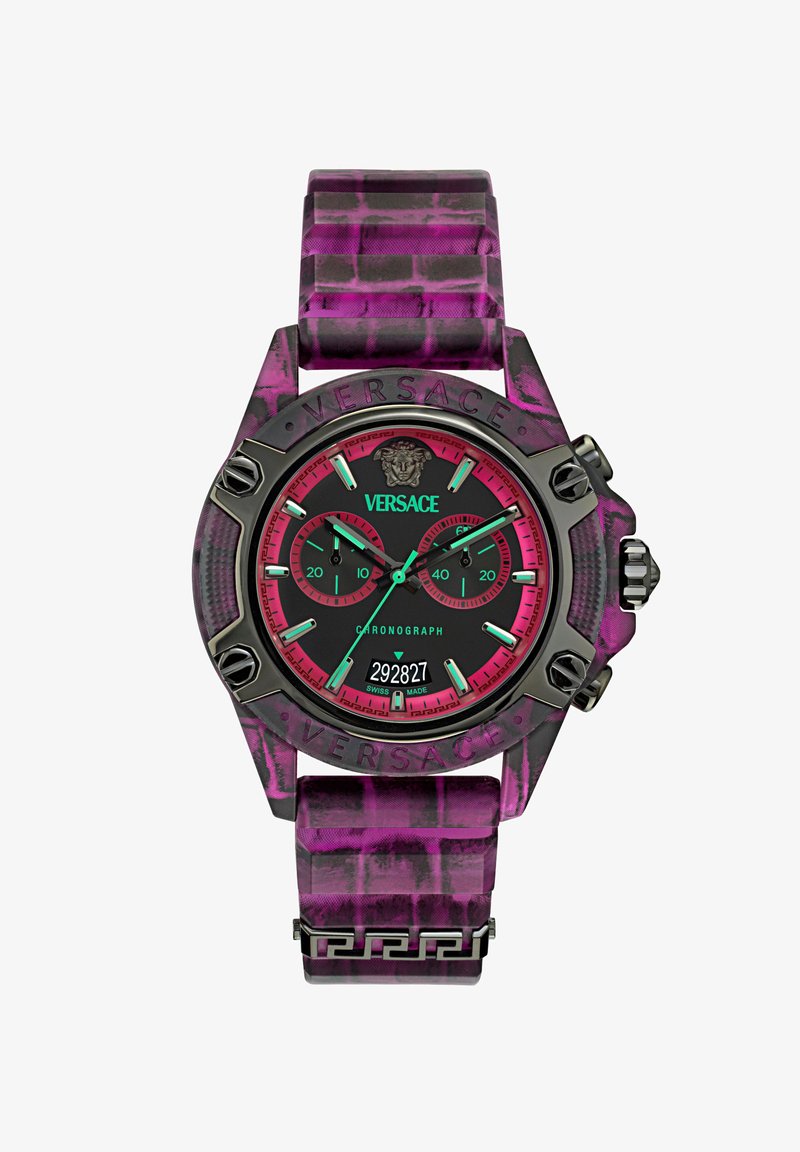 Versace kronograafi kell musta taustaga, roosa araabia numbritega, roheliste aktsentidega ja tekstureeritud lilla rihmaga, millel on muster.