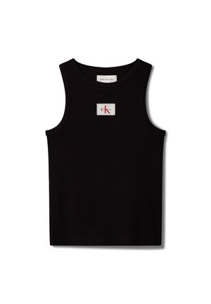Black sleeveless ribbed tank top with round neckline and small rectangular Calvin Klein logo patch in red and white at chest center.