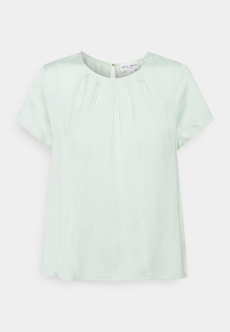 Blusa de manga corta verde claro con escote redondo, pliegues delanteros y cierre trasero con botones.