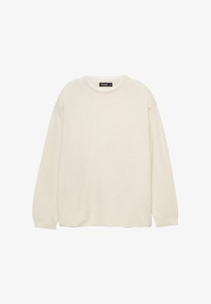 Kremowy sweter z długim rękawem o prążkowanej fakturze, okrągłym dekolcie i opadających ramionach. Miękka tkanina z luźnym krojem.