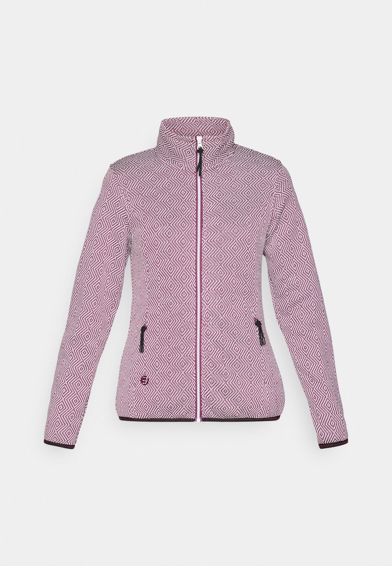 Giacca adattata con motivo rosa e bianco, colletto alto, zip completa e due tasche laterali con dettagli neri. Tessuto texturizzato.