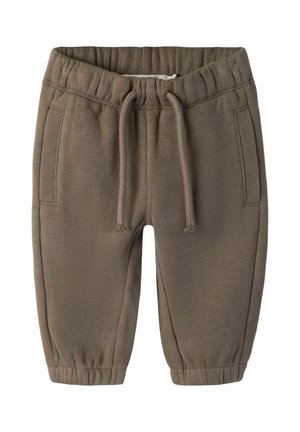 Pantalon de survêtement marron pour tout-petit avec ceinture élastique, cordon, poches latérales et poignets élastiques sur fond blanc.