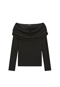 Schwarzes Off-Shoulder-Top mit langen Ärmeln, das einen drapierten Ausschnitt und einen strukturierten Stoff aufweist. Etikett ist im Ausschnitt sichtbar.